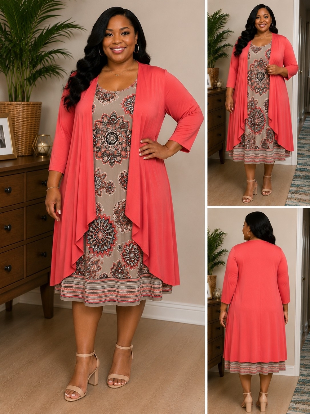Plus Size Coral Layered Midi Dress with Printed Slip